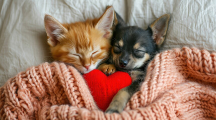 A kitten and a puppy sleep together under a knitted blanket, with a red woolen heart. Valentine's Day