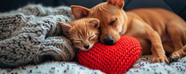 A kitten and a puppy sleep together under a knitted blanket, with a red woolen heart. Valentine's Day - obrazy, fototapety, plakaty