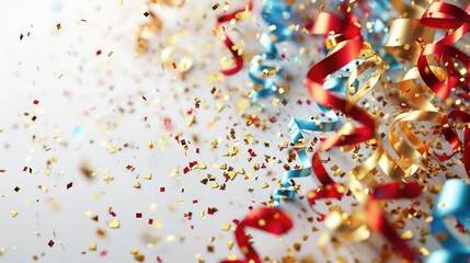 Obraz premium Abstract festive background with glitter, confetti, ribbons and free place for text. New Year, Christmas, birthday, holiday celebration banner