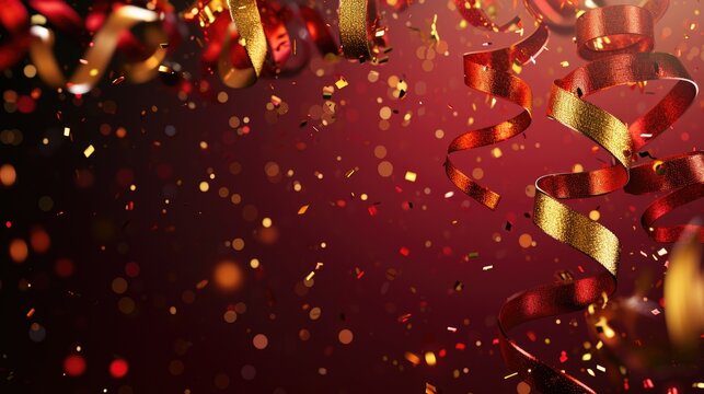 Abstract festive background with glitter, confetti, ribbons and free place for text. New Year, Christmas, birthday, holiday celebration banner