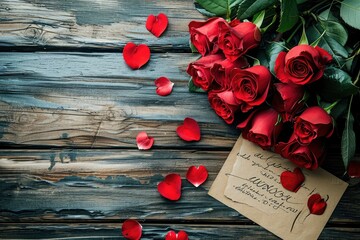 Valentine's Day background featuring a rustic wooden table adorned with a bouquet of red roses and a handwritten love note, evoking a sense of timeless romance