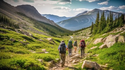 Group of hikers heading up the Arapaho Pass Trail in Boulder County, Colorado's Indian Peaks Wilderness. - obrazy, fototapety, plakaty