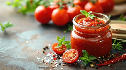 Homemade tomato sauce in a glass jar, tomatoes and herbs on its side - obrazy, fototapety, plakaty