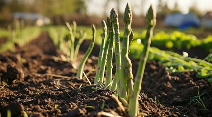 Rows of young asparagus plants growing in a sunlit agricultural field.