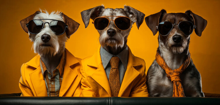 Generative AI illustration of three fashionable dogs in sunglasses and yellow jackets posing with serious demeanor against a yellow background