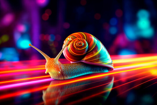 Generative AI illustration of surreal image of a snail with a colorful swirling shell crawling on a surface with neon light trails
