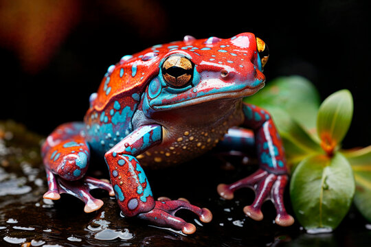 Generative AI illustration of colorful poison dart frog with vibrant blue, red, and purple patterns perched on a wet surface