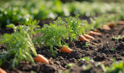 Fresh carrots with green leaves sprouting from the soil in a farm field.