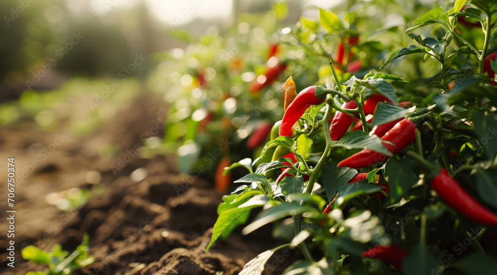 Canvas Prints Red chilli peppers growing in abundance on lush green plants in a farm field.