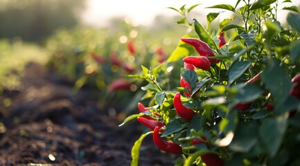Red chilli peppers growing in abundance on lush green plants in a farm field. - obrazy, fototapety, plakaty