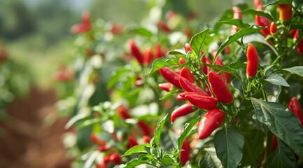 Bright red chilli peppers thriving on the plant in a sunny agricultural field.