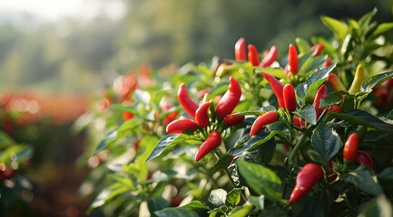 Red chilli peppers growing in abundance on lush green plants in a farm field.