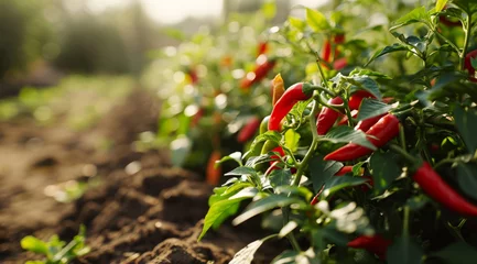 Tuinposter Red chilli peppers growing in abundance on lush green plants in a farm field. © Jan