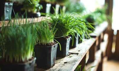 Lush green chives growing in planters, ready for culinary use.