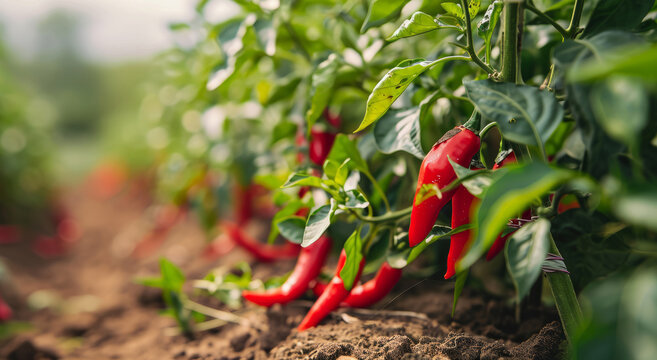 Red chilli peppers growing in abundance on lush green plants in a farm field.
