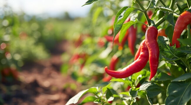 Red chilli peppers growing in abundance on lush green plants in a farm field.