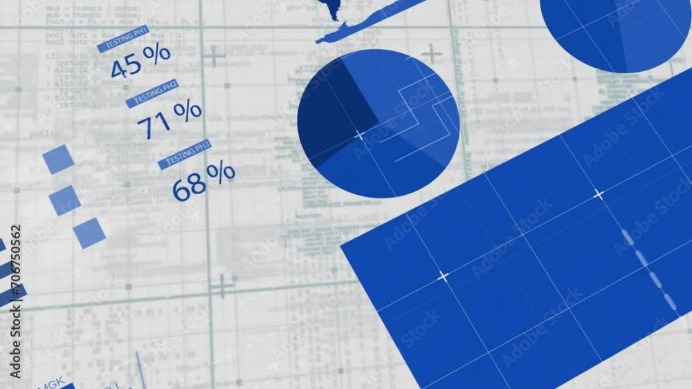 Poster animation of financial data processing over grid on grey background