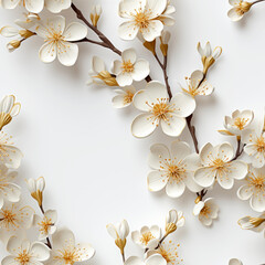 Hyper Realistic Yellow Gold Cherry Blossoms on White Background Seamless Pattern
