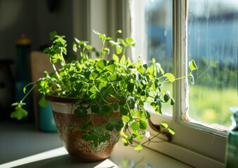 Fresh pea shoots growing in a pot on a kitchen window.