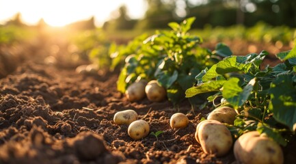 Sunlit potato plants in a field, with ripe tubers scattered on the soil. - obrazy, fototapety, plakaty