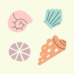 Set of tropical beach sea shell seamless pattern. Summer marine animal background design. Vacation travel concept. Ocean snail collection flat cartoon backdrop illustration.