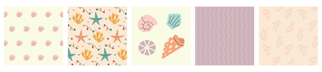 Set of tropical beach sea shell seamless pattern. Summer marine animal background design. Vacation travel concept. Ocean snail collection flat cartoon backdrop illustration.