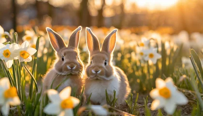 Foto op Canvas Two cute little easter rabbits looking at camera sitting in a narcissus flower field at golden hout © dinge