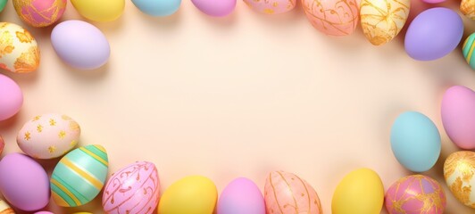 Fototapeta na wymiar Pastel Easter eggs adorned with gold details on a peach background. Suitable for spring event announcements and holiday marketing. Represents Easter elegance. Top view. Banner with copy space