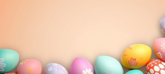 Fototapeta na wymiar Row of vibrantly colored Easter eggs on a soft peach background with space for text. Suitable for Easter holiday promotions and spring event announcements. Banner