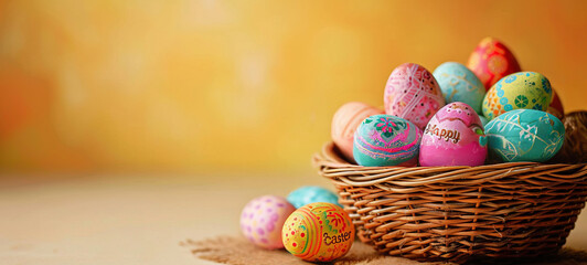 Fototapeta na wymiar Hand-painted Easter eggs in a natural basket, on a golden background. Perfect for seasonal advertising, greeting cards, and holiday craft ideas. Banner with copy space. Easter family traditions.