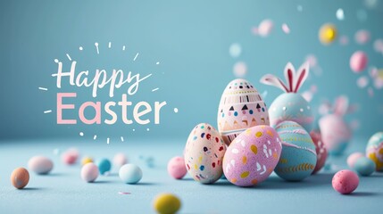 Easter-themed image with pastel-colored eggs and "Happy Easter" text. On light blur background. Banner. Suitable for greeting cards or holiday marketing.