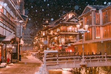 Snowy Night at Ginzan Onsen
