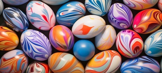 Fototapeta na wymiar Multicolored Easter eggs with various patterns displayed tightly together. Top view. Copy space. Ideal for seasonal product backgrounds or festive designs.
