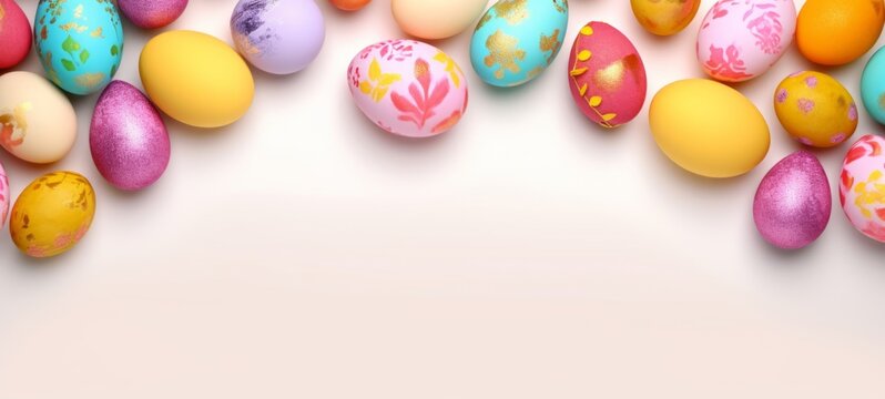 Colorful, artisanal Easter eggs against a white backdrop. Banner with copy space. Suitable for Easter promotional materials and craft project inspiration. Highlights joy of the holiday.