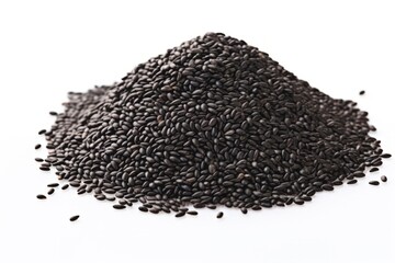 A pile of black sesame seeds showcased against a clean white background, perfect for cooking or baking purposes.