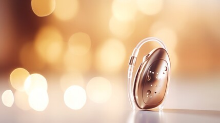 Close up of modern hearing aid on blurred background and bokeh lights. Treatment of people with hearing loss. Banner with copy space. Suitable for showcasing in medical and healthcare services