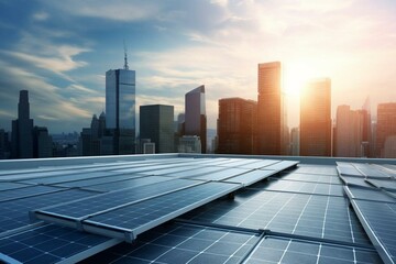 Installation of solar panels on a flat commercial rooftop, with city skyline in the background, showcasing use of solar panels in a commercial and urban setting. Generative AI