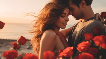 Romantic Couple Embracing by the Sea at Sunset with red roses. Intimate moment. Ideal as postcard for Valentines Day, wedding, anniversary or love story themes. Concept of romance and passion - Powered by Adobe