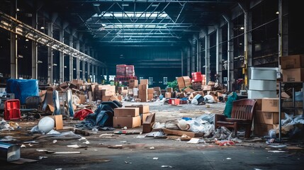 Industrial warehouse filled with discarded items and waste. Good for projects related to waste management or environmental issues, for environmental awareness or waste disposal campaign