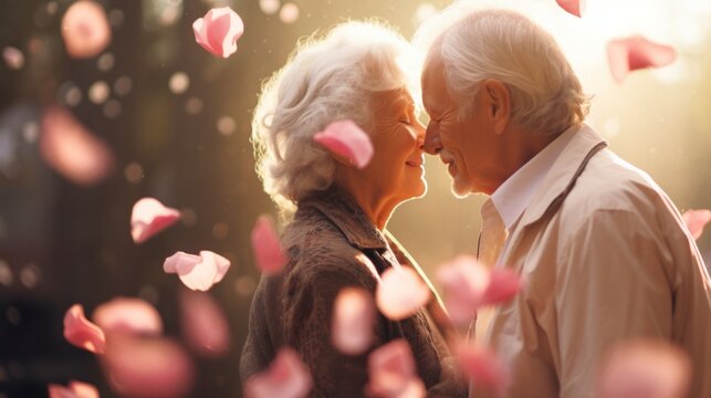 Affectionate elderly couple shares heartfelt kiss amidst soft background of rose petals, evoking everlasting love. Ideal for greeting cards and sentimental themes. Valentines day