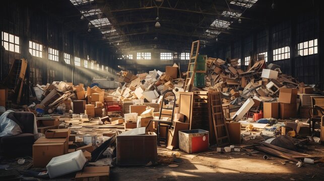 Industrial warehouse filled with discarded items and waste. Good for projects related to waste management or environmental issues, for environmental awareness or waste disposal campaigns - Powered by Adobe