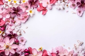Fototapeta na wymiar Pink floral / assorted pink flower border frame on white background. banner with copy space