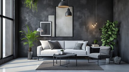 Sala de estar ampla, que mistura móveis rústicos e modernos, em um ambiente aconchegante com sofá e parede cimento queimado