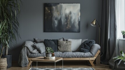 Sala de estar ampla, que mistura móveis rústicos e modernos, em um ambiente aconchegante com sofá e parede cinza. - obrazy, fototapety, plakaty