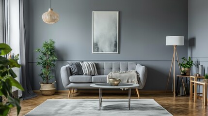 Sala de estar ampla, que mistura móveis rústicos e modernos, em um ambiente aconchegante com sofá e parede cinza. - obrazy, fototapety, plakaty
