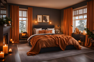 orange bedroom with fireplace