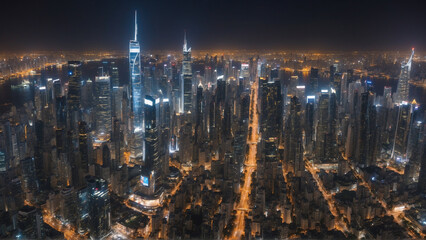 The city is filled with tall buildings at night, lit up by sparkling lights from a drone's...