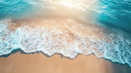Foto auf Acrylglas Abstract sand beach from above with light blue transparent water wave and sun lights, summer vacation background concept banner with copy space, natural beauty spa outdoors © Orxan