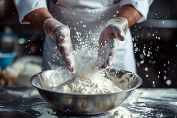 Chef Pours Flour for Bread. A chef wearing white clothes and gloves carefully pours flour into a metal bowl and a cloud of flour dissipates into the air. Cooking Jewish matzo bread for Passover. Horiz