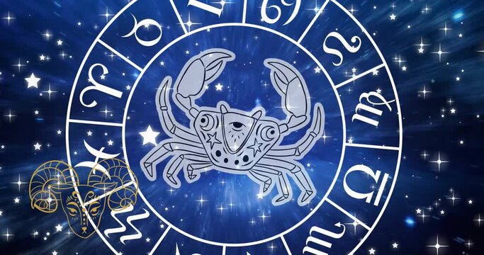 Animation of scorpio star sign in zodiac wheel on starry night sky